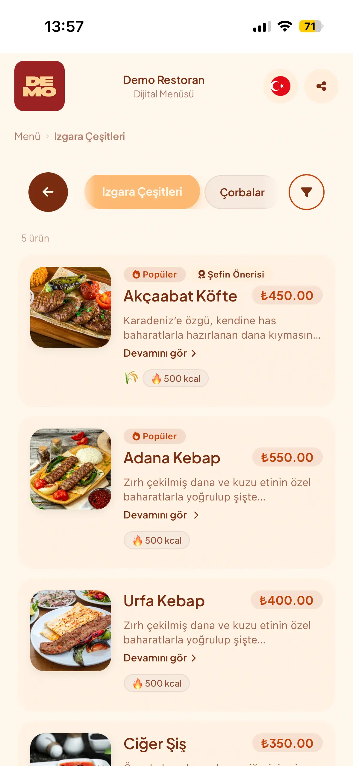 Kategoriye girildiğinde ürün listesi ve fiyatlar